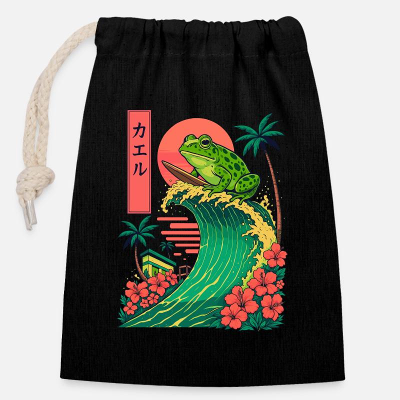 Frog Toad Animal Japanese Surfing Flower Sunset - Closable cotton gift bag (14x20cm) - black