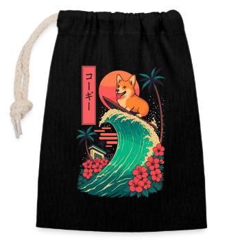 Corgi Hund Tier Japanisch Surfen Blume Sonnenuntergang - Verschließbarer Geschenkbeutel aus Baumwolle (14x20cm) - Schwarz - Vorne