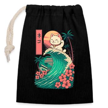 Cat Katze Animal Japanese Surfing Flower Sunset - Closable cotton gift bag (14x20cm) - black - Front