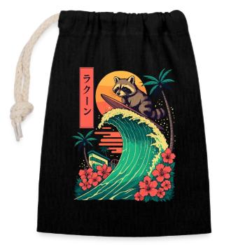 Waschbär Tier Japanisch Surfen Blume Sonnenuntergang - Verschließbarer Geschenkbeutel aus Baumwolle (14x20cm) - Schwarz - Vorne