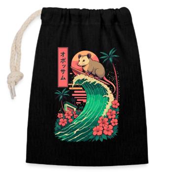 Opossum Rat Rodent Animal Japanese Surfing Flower - Closable cotton gift bag (14x20cm) - black - Front