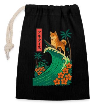 Akita Inu Dog Animal Japanese Surfing Flower - Closable cotton gift bag (14x20cm) - black - Front