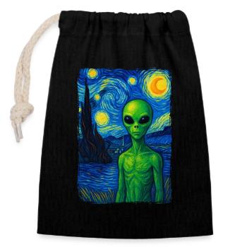 Green Alien UFO Starry Night Van Gogh Painting - Closable cotton gift bag (14x20cm) - black - Front