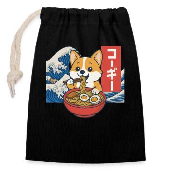 Corgi Eating Ramen Japanese Wave Art - Closable cotton gift bag (14x20cm) - black - Front