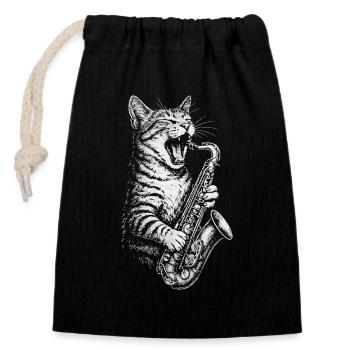 Cool Cat Playing Saxophone Jazz Music - Closable cotton gift bag (14x20cm) - black - Front