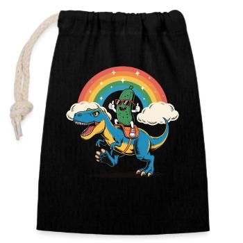 Pickle Cucumber Riding A Dinosaur Rainbow Cartoon - Closable cotton gift bag (14x20cm) - black - Front
