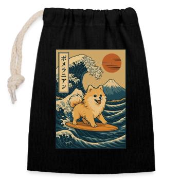 Chien de Poméranie Amoureux Surf Grande Vague Mont Fuji - Sac cadeau en coton avec cordon (14 x 20 cm) - noir - Devant