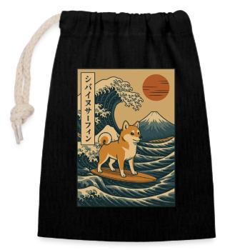 Shiba Inu Hund Surfen Japanische Welle Kunst Berg Fuji - Verschließbarer Geschenkbeutel aus Baumwolle (14x20cm) - Schwarz - Vorne