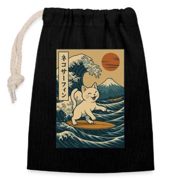 Chat Blanc Surf Vague Art Japonais Mont Fuji - Sac cadeau en coton avec cordon (14 x 20 cm) - noir - Devant