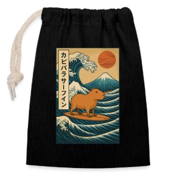 Capybara Surf Japonais Wave Art - Sac cadeau en coton avec cordon (14 x 20 cm) - noir - Devant