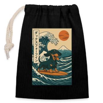 Teckel Chien Amoureux Surf Japonais Wave Art - Sac cadeau en coton avec cordon (14 x 20 cm) - noir - Devant