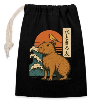 Capybara Bird Waves Sunset Japanese Wave Sunset - Closable cotton gift bag (14x20cm) - black - Front