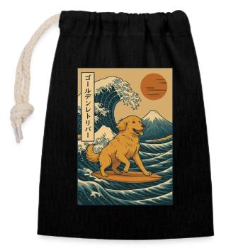 Golden retriever chien surfant vague style japonais - Sac cadeau en coton avec cordon (14 x 20 cm) - noir - Devant