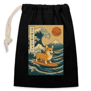 Corgi Dog Surfing Wave Mount Fuji Japanese Art - Closable cotton gift bag (14x20cm) - black - Front