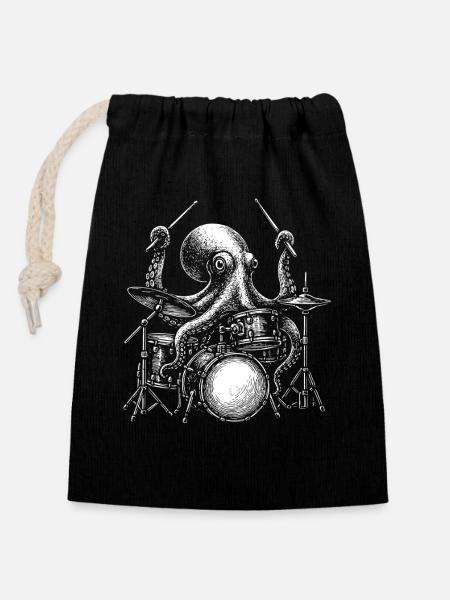 Batteur Octopus Batterie Musicien Percussion - Sac cadeau en coton avec cordon (14 x 20 cm) - noir