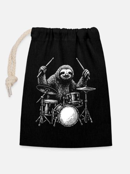 Batteur Paresseux Animal Batterie Musicien Percussion - Sac cadeau en coton avec cordon (14 x 20 cm) - noir