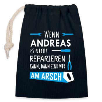 Lustiger Heimwerker und Handwerker Spruch Andreas - Verschließbarer Geschenkbeutel aus Baumwolle (14x20cm) - Navy - Vorne