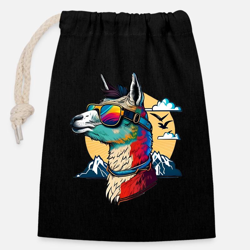 Lama refroidi avec des lunettes de soleil - Sac cadeau en coton avec cordon (14 x 20 cm) - noir