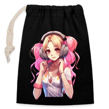 Süßer DJ im Anime-Stil - Verschließbarer Geschenkbeutel aus Baumwolle (14x20cm) - Schwarz - Vorne