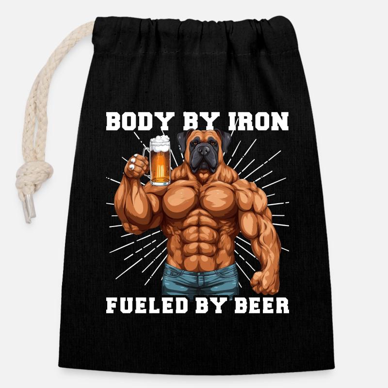 Bodybuilder Gym Bier | Body by iron - Verschließbarer Geschenkbeutel aus Baumwolle (14x20cm) - Schwarz
