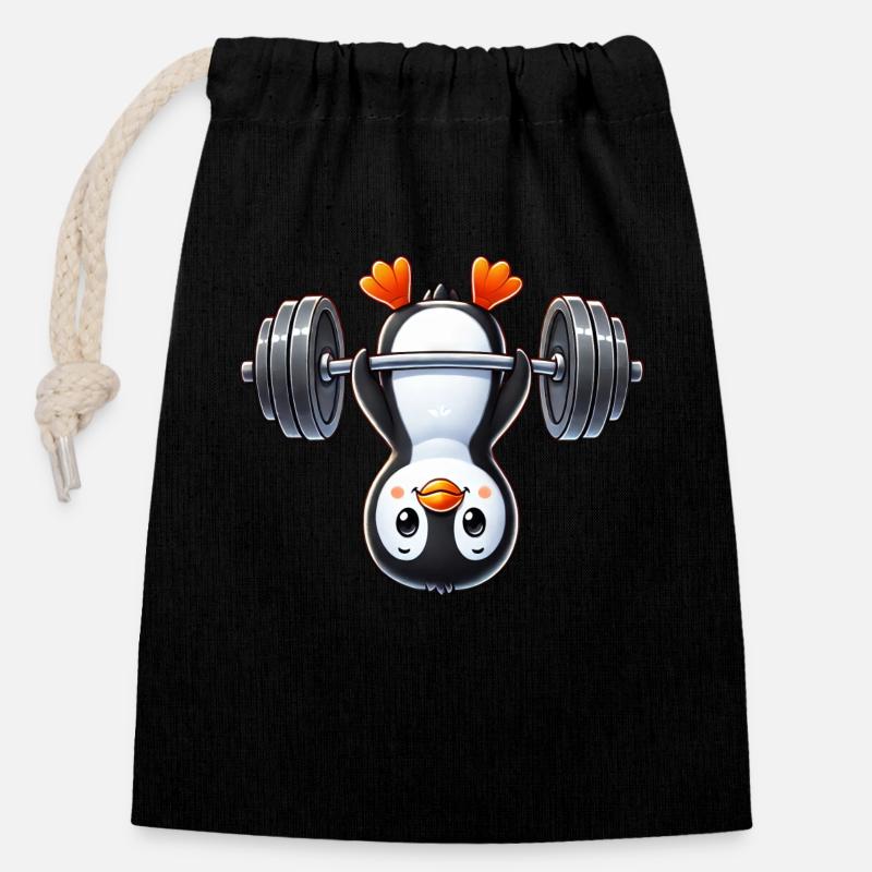 Mignon pingouin barbell dessin animé sport - Sac cadeau en coton avec cordon (14 x 20 cm) - noir