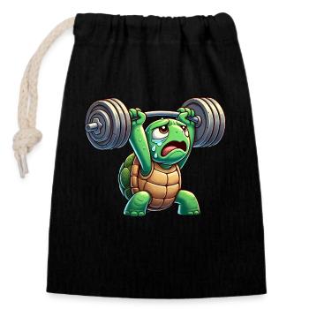 Exhausted turtle with dumbbell cartoon - Closable cotton gift bag (14x20cm) - black - Front