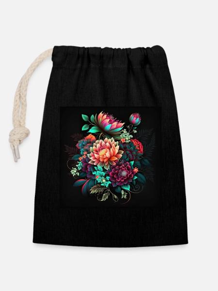 Botanicals Flower Pattern - Closable cotton gift bag (14x20cm) - black