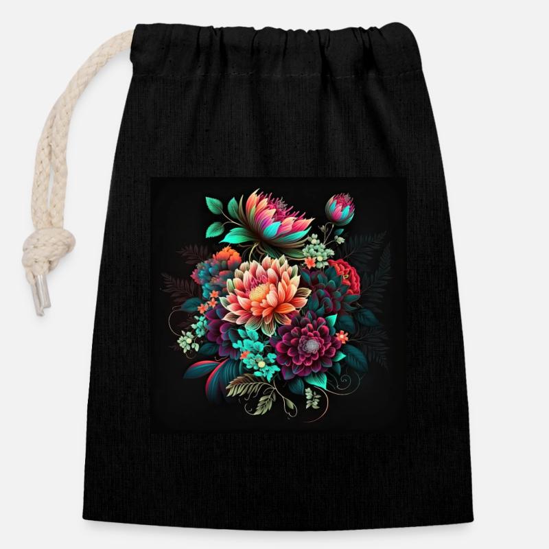 Motif de fleurs botaniques - Sac cadeau en coton avec cordon (14 x 20 cm) - noir
