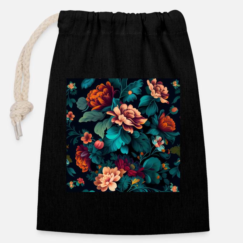 Botanicals Blumenmuster - Verschließbarer Geschenkbeutel aus Baumwolle (14x20cm) - Schwarz