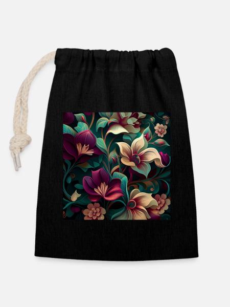 Botanicals Flower Pattern - Closable cotton gift bag (14x20cm) - black