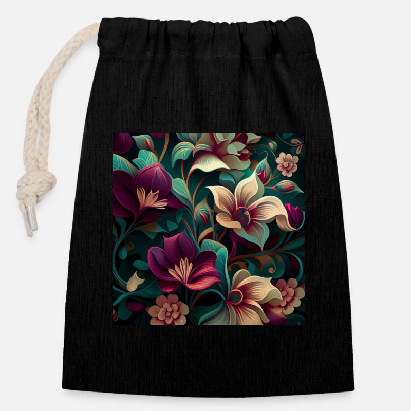 Motif de fleurs botaniques - Sac cadeau en coton avec cordon (14 x 20 cm) - noir