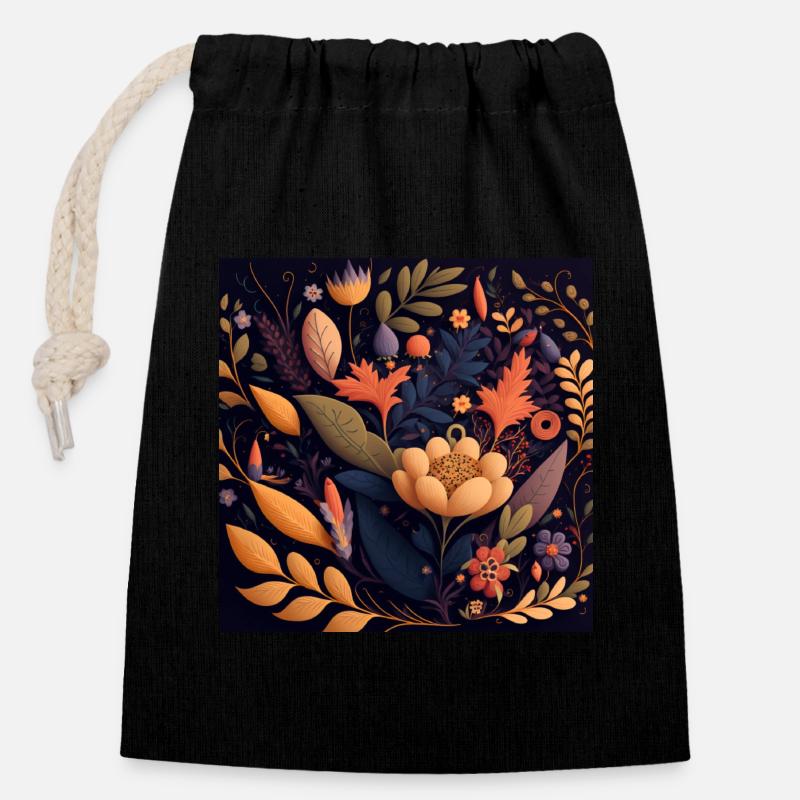Botanicals Blumenmuster - Verschließbarer Geschenkbeutel aus Baumwolle (14x20cm) - Schwarz