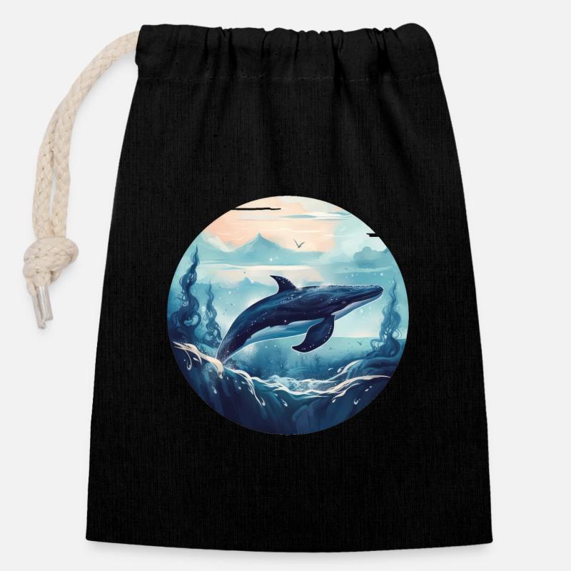 Baleine - Sac cadeau en coton avec cordon (14 x 20 cm) - noir