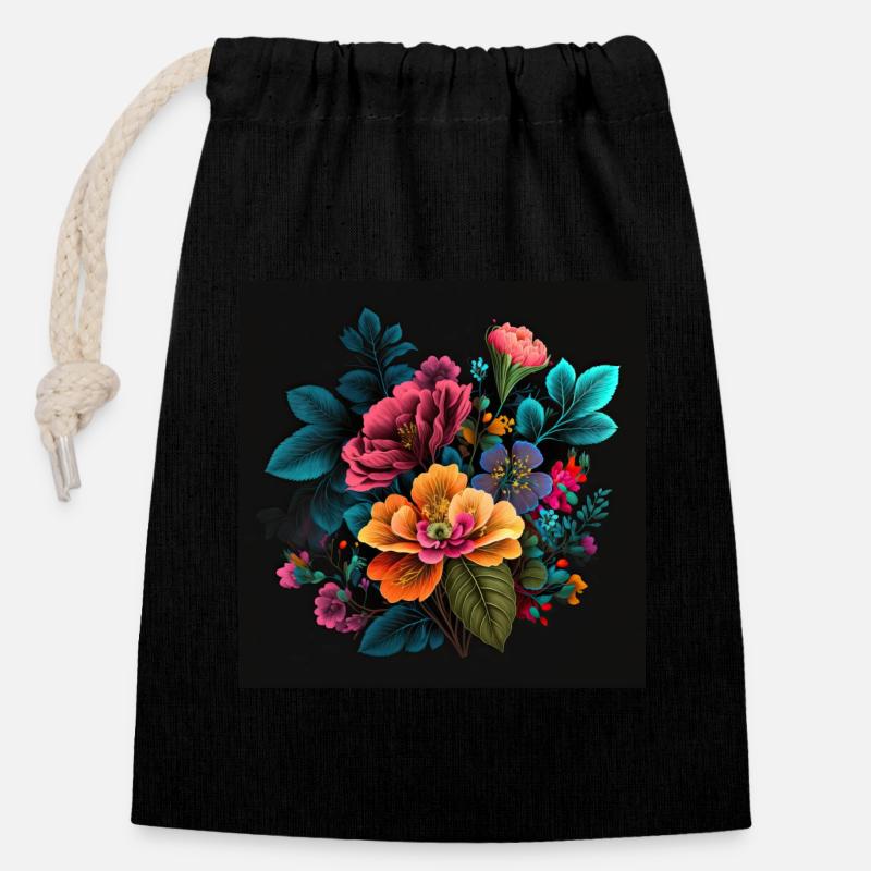 Botanicals Blumenmuster - Verschließbarer Geschenkbeutel aus Baumwolle (14x20cm) - Schwarz