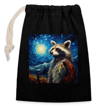 Raccoon, Van Gogh, Starry Night, Animal - Closable cotton gift bag (14x20cm) - black - Front