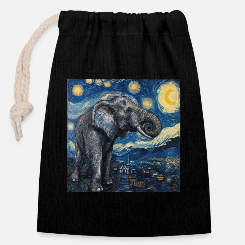 elefant, van gogh, sternennacht - Verschließbarer Geschenkbeutel aus Baumwolle (14x20cm) - Schwarz