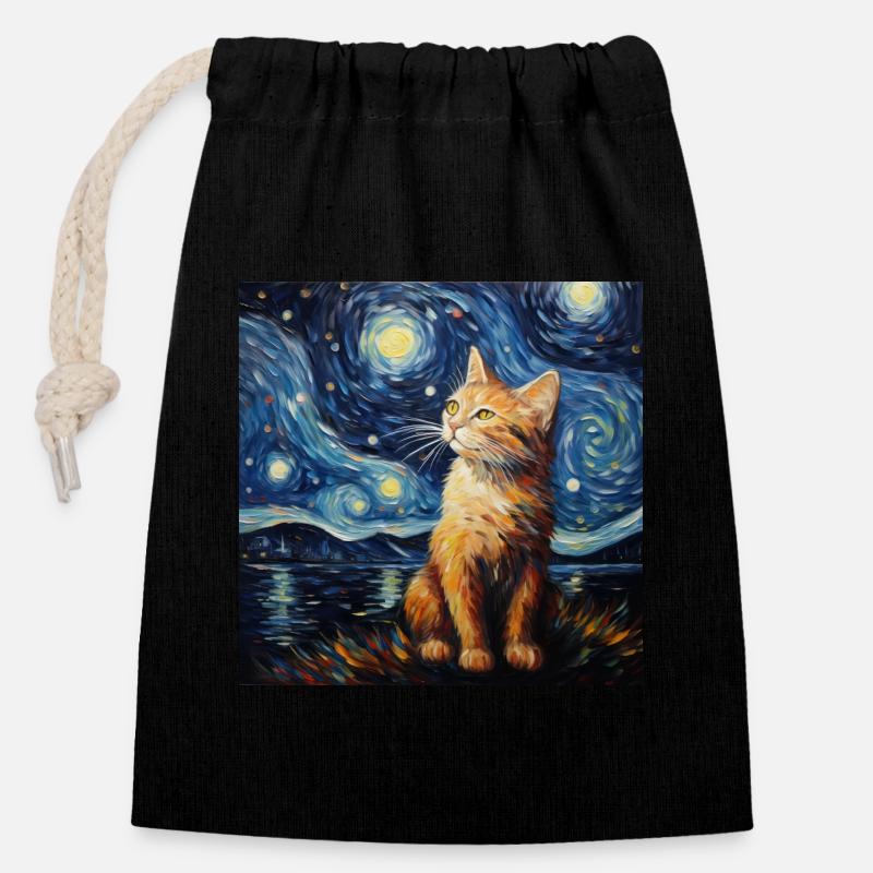 Katze, katzenmotiv, van gogh, sternennacht - Verschließbarer Geschenkbeutel aus Baumwolle (14x20cm) - Schwarz