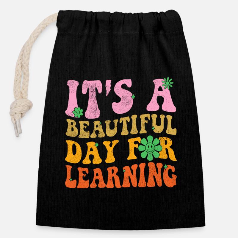 It's Beautiful Day For Learning Funny Teacher - Closable cotton gift bag (14x20cm) - black