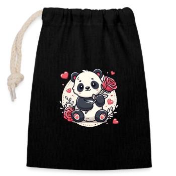 Panda amoureux avec une rose dans la patte - Sac cadeau en coton avec cordon (14 x 20 cm) - noir - Devant