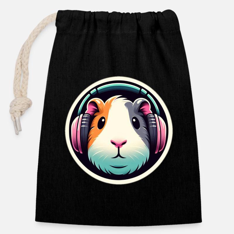 Cochon d’Inde avec des écouteurs en pastel - Sac cadeau en coton avec cordon (14 x 20 cm) - noir