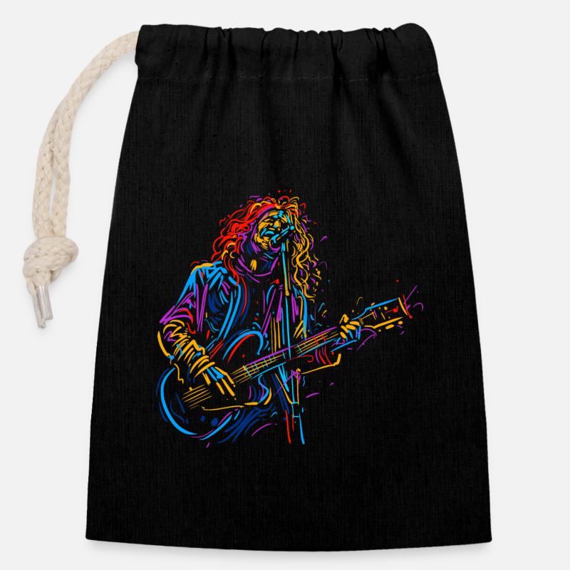 Musical Instrument Men Playing Guitar Art Graphic - Closable cotton gift bag (14x20cm) - black