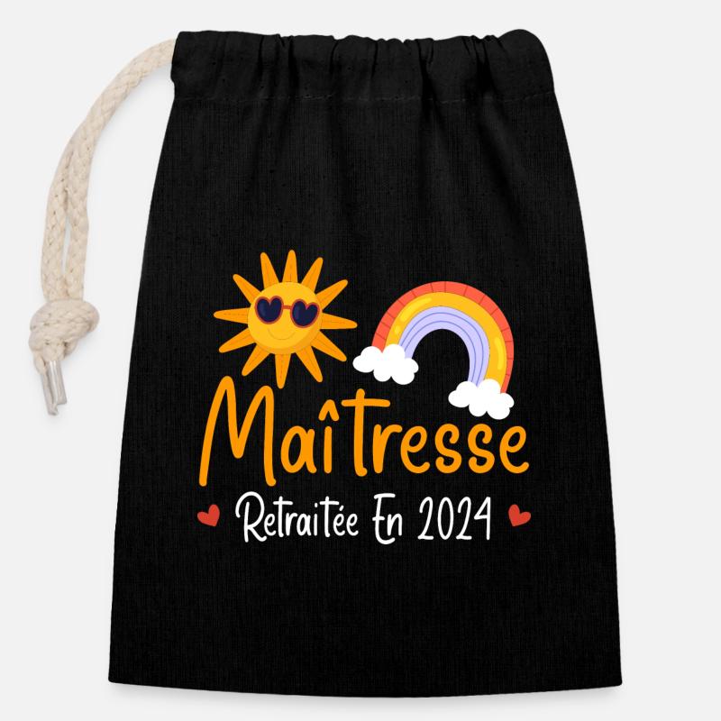Maitresse retraitée 2024 cadeau maîtresse d'école - Sac cadeau en coton avec cordon (14 x 20 cm) - noir