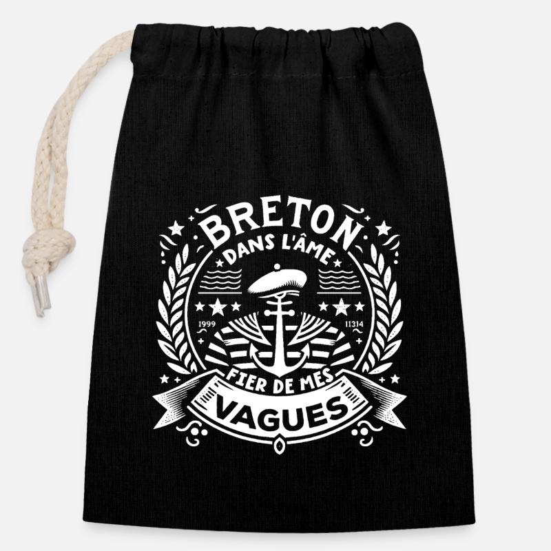 breton dans l'âme fier de mes vagues,marin breton - Sac cadeau en coton avec cordon (14 x 20 cm) - noir