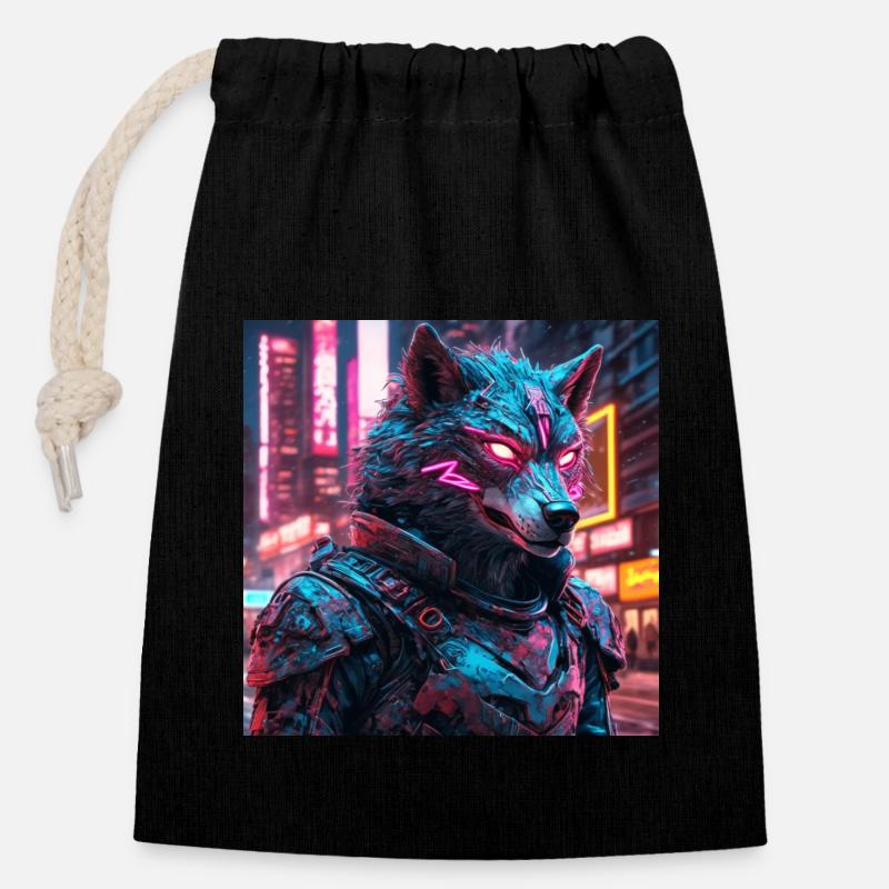 Cyberpunk Wolf - Closable cotton gift bag (14x20cm) - black