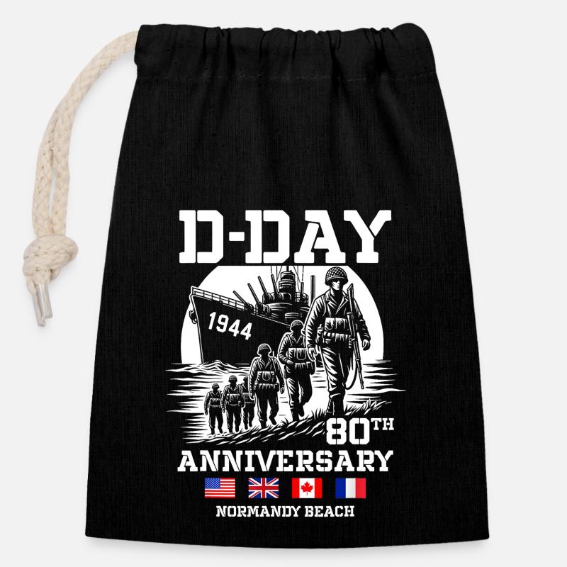 Normandy Beach Landing Commemorative D-Day 80th - Sac cadeau en coton avec cordon (14 x 20 cm) - noir