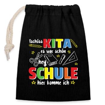 Kita Abschied Ich werde jetzt ein Schulkind - Verschließbarer Geschenkbeutel aus Baumwolle (14x20cm) - Schwarz - Vorne