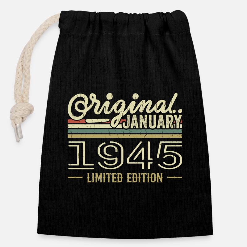 Janvier 1945 anniversaire Janvier 1945 cadeau 1945 - Sac cadeau en coton avec cordon (14 x 20 cm) - noir