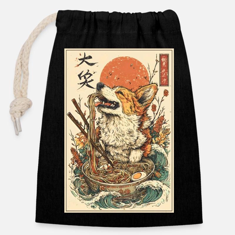 Japanese Corgi Ramen – Ukiyo-e Style Dog Noodles - Closable cotton gift bag (14x20cm) - black