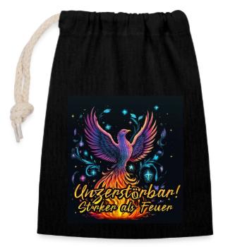 Phönix Unzerstörbar! Stärker als Feuer | Mutmacher - Verschließbarer Geschenkbeutel aus Baumwolle (14x20cm) - Schwarz - Vorne