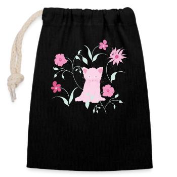 Un chat mignon avec des fleurs et des plantes. - Sac cadeau en coton avec cordon (14 x 20 cm) - noir - Devant